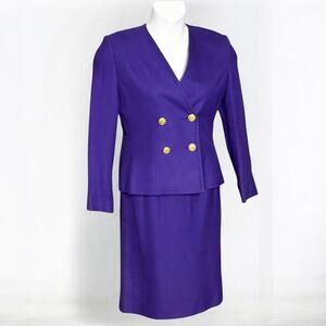 Vintage Celine Paris Purple Wool Skirt Suit Gold Buttons Made France Size M